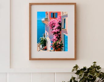 Bougainvillea Street Print, Mediterranean Coastal Wall Art