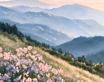 Blue Ridge Mountains Print, Wildflower Watercolor Art