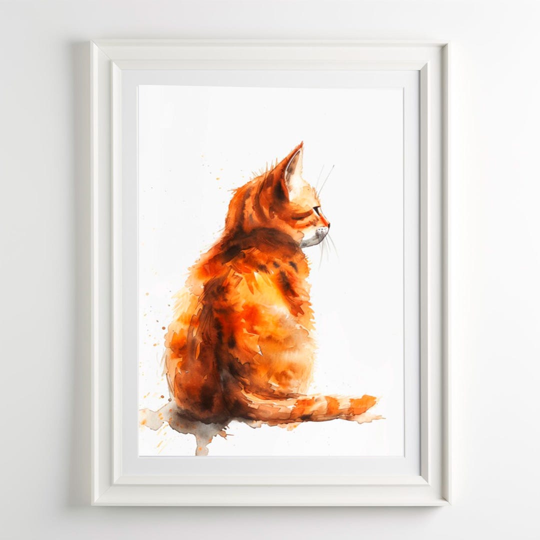 Cat Wall Art Watercolor Print Orange Cat Print Minimalist Art Pet Lover ...