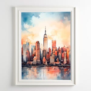 NYC Skyline Watercolor Art Print: Urban Cityscape Travel Poster