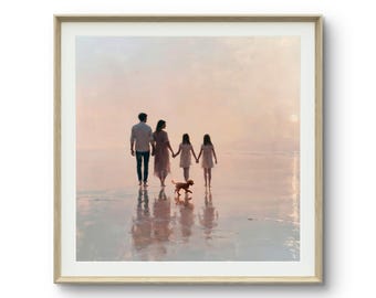 Lámina de acuarela de una familia en la playa, arte para la pared de padres e hijas, familia junto al mar, decoración costera para el hogar, arte sobre el amor familiar.