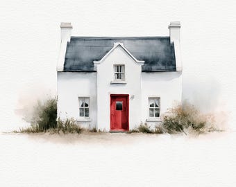 White Cottage Red Door Print, Minimal Watercolor Wall Art