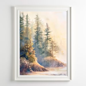 Poster di natura costiera con alberi di pino e acquerello di Forest Wall Art