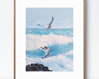 Stampa con gabbiano sull'oceano, dipinto di paesaggio marino costiero, decorazione murale per casa al mare