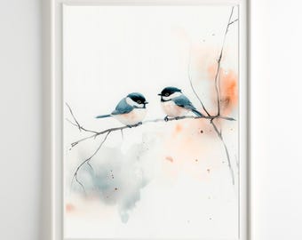 Chickadee Couple Watercolor Art Print: Beige Farmhouse Wall Decor