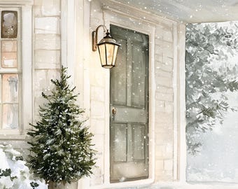 Snowy Cottage Porch Print, Winter Watercolor Art