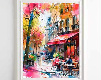 Paris Cafe Street Scene Watercolor Art Print – Colorful French Street Painting