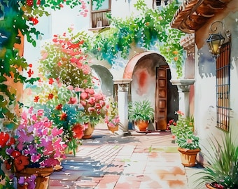 Könnte beinhalten: Ein Aquarellbild eines Innenhofs im mediterranen Stil mit weißen Stuckwänden, Torbögen und Terrakotta-Fliesenboden. Topfpflanzen mit leuchtend rosa und roten Blüten sind im Raum verteilt und eine Laterne hängt an der Wand.