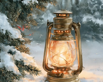 Christmas Lantern Print, Snowy Pine Wall Art