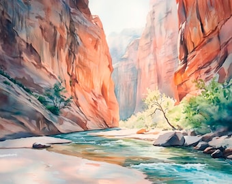 Zion Narrows Print Virgin River Canyon Art Utah National Park Watercolor