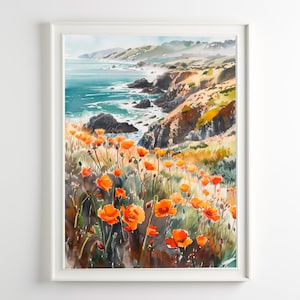 Big Sur Painting California Stampa ad acquerello Papavero Arte murale costiera