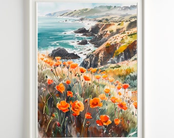 Quadro di Big Sur, California, stampa ad acquerello con papaveri, arte murale costiera