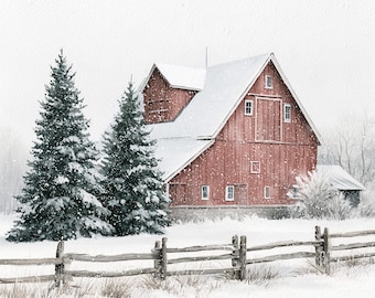 Red Barn in Snow Print, Winter Farmhouse Wall Art