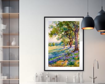 Texas Painting Bluebonnet Watercolor Print Texas Landscape Art Farmhouse Wall Decor