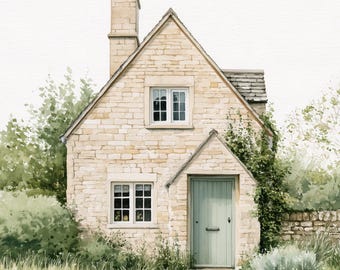 English Cottage Print, Green Door Watercolor Wall Art