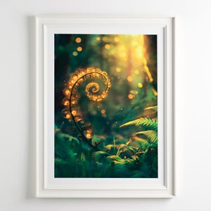 Stampa foresta fantasy, felce luminosa, decorazione da parete, natura incantata