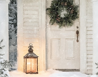 Christmas Wreath Door Print, Snowy Porch Wall Art