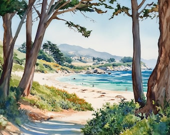 Carmel Beach Watercolor Art Print: California Coastal Landscape