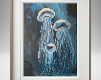Stampa artistica da parete con meduse, dipinto astratto dell'oceano, opera d'arte con medusa blu marina