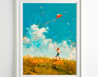 Clouds Painting Boy with Kite Art Print Kids Wall Art Landscape Painting