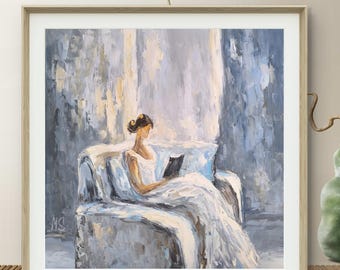 Stampa di donna che legge, decorazione murale neutra in stile scandinavo minimalista.