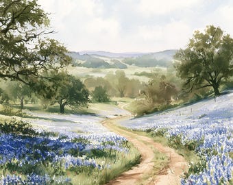 Texas Hill Country Print, Bluebonnet Road Wall Art