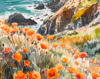 May include: A watercolor painting of a coastal landscape featuring a field of vibrant orange poppies in the foreground. The background shows a rugged cliffside meeting the turquoise ocean with white waves crashing against dark rocks under a soft sky.