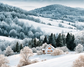 Winter Landscape Print, Snowy Mountain Cottage Wall Art