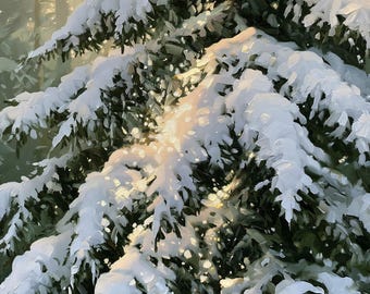 Snowy Pine Tree Print, Winter Forest Wall Art, Evergreen Snow Branches Decor