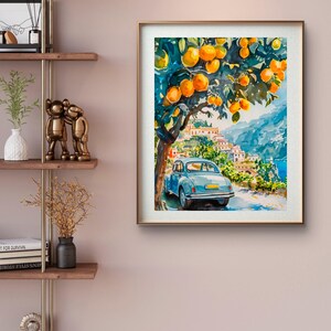 May include: Watercolor painting of a coastal scene with a light blue vintage car parked under an orange tree. The artwork features a vibrant color palette of blues, greens, and oranges, with a village in the background.