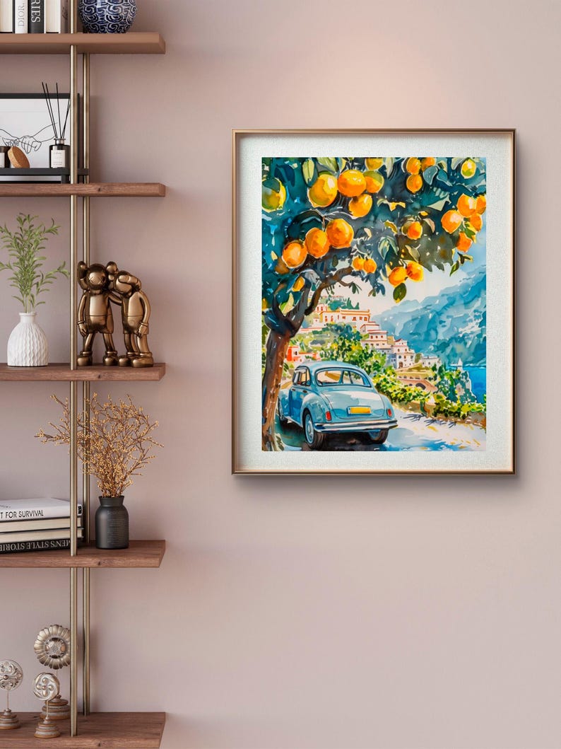 May include: Watercolor painting of a coastal scene with a light blue vintage car parked under an orange tree. The artwork features a vibrant color palette of blues, greens, and oranges, with a village in the background.