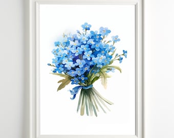 Forget-Me-Not Watercolor Print Blue Wildflower Art Floral Wall Decor