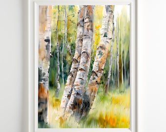 Birch Tree Wall Art Aspen Watercolor Print Landscape Farmhouse Wall Decor