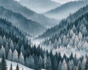 Winter Mountain Cabin Print, Snowy Forest Wall Art