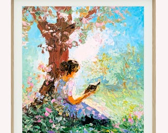 Quadro con ragazza che legge sotto un albero, decorazione accogliente ispirata alla natura, regalo per amanti dei libri.