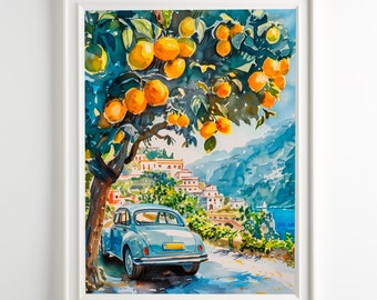 Mediterranean Art Lemons Amalfi Coast Print Watercolor Landscape Italy Travel Wall Art