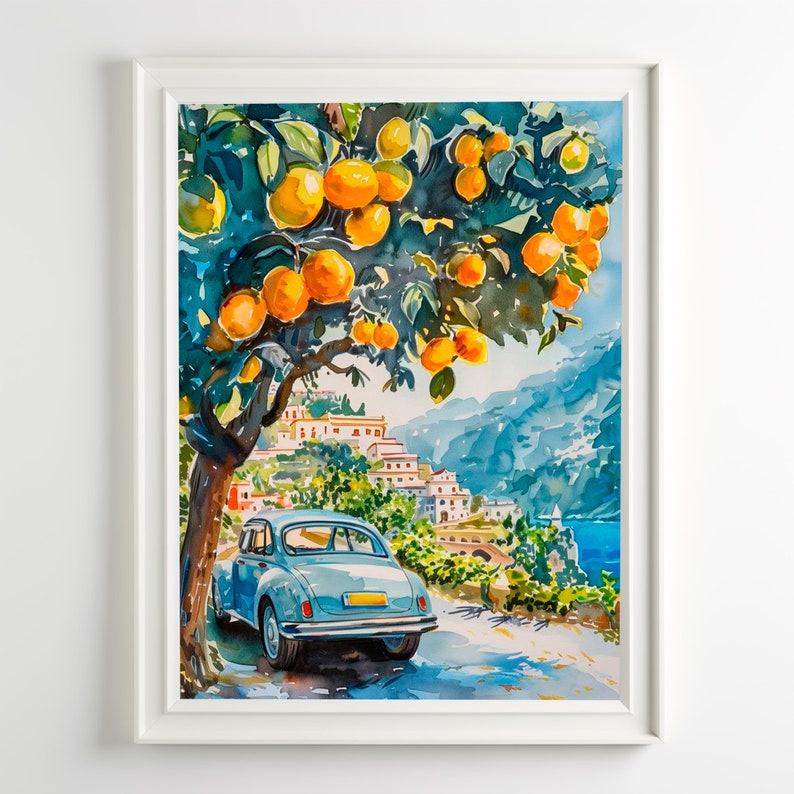 May include: Watercolor painting of a coastal Italian scene. A light blue vintage car is parked on a road under an orange tree laden with fruit. White buildings dot the hillside, with a blue sea and mountains in the background.