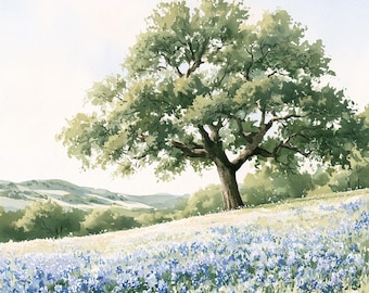 Texas Bluebonnet Meadow Print, Lone Oak Landscape, Hill Country Wall Art