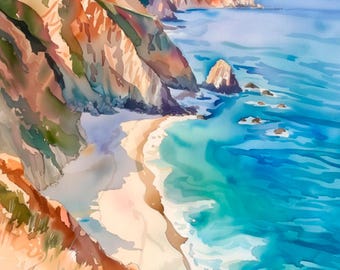 May include: A watercolor painting depicting a coastal landscape with steep, rugged cliffs in shades of orange, brown, and green overlooking a sandy beach. The ocean water transitions from turquoise near the shore to deep blue in the distance.