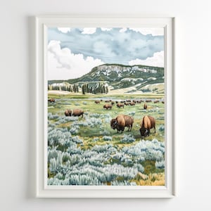 Stampa di bisonte di Yellowstone, arte del bufalo americano, parco nazionale, fauna selvatica, paesaggio occidentale