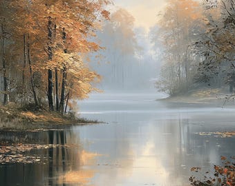 Misty Autumn Lake Print, Golden Forest Wall Art