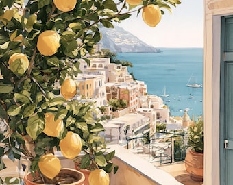 Amalfi Coast Lemon Tree Print, Italy Watercolor Wall Art