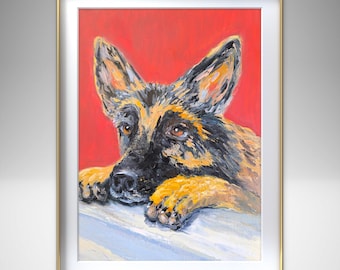 Stampa artistica di un pastore tedesco, ritratto espressivo di un animale domestico, decorazione murale con animali