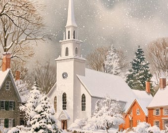 Snowy Village Church Print, Christmas Winter Wall Art