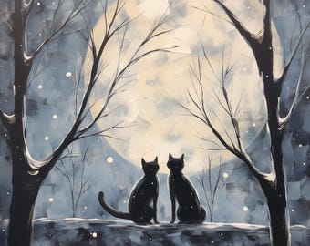 Black Cats Moon Print, Whimsical Night Wall Art