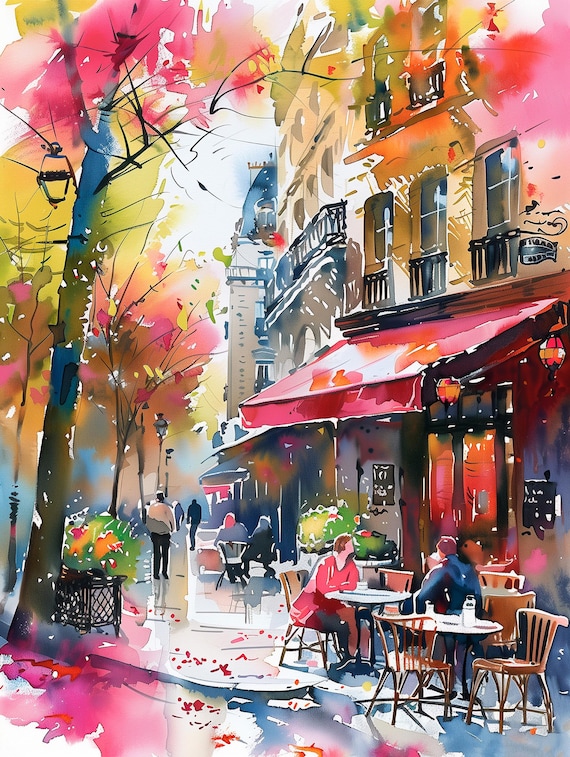 Cafe Paris Painting Street Watercolor City Print Travel Wall Art