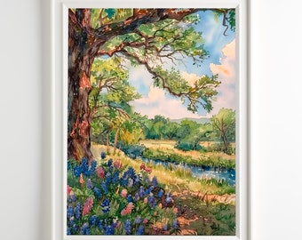Stampa artistica ad acquerello di un Bluebonnet del Texas: dipinto paesaggistico