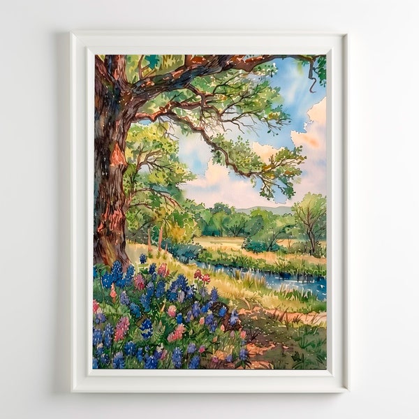 Texas Bluebonnet Watercolor Art Print: Landscape Painting
