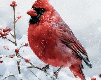 Winter Cardinal Print, Red Bird Snow Wall Art