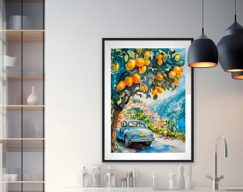 May include: Watercolor painting of a coastal scene with a blue car parked on a road. The artwork features a tree laden with oranges, a village, and a view of the sea. The painting is framed in a black frame.